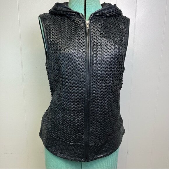 Vintage 80s Woven Braided Black Leather Jacket Sleeveless Hooded Vest Size Large - Picture 5 of 14